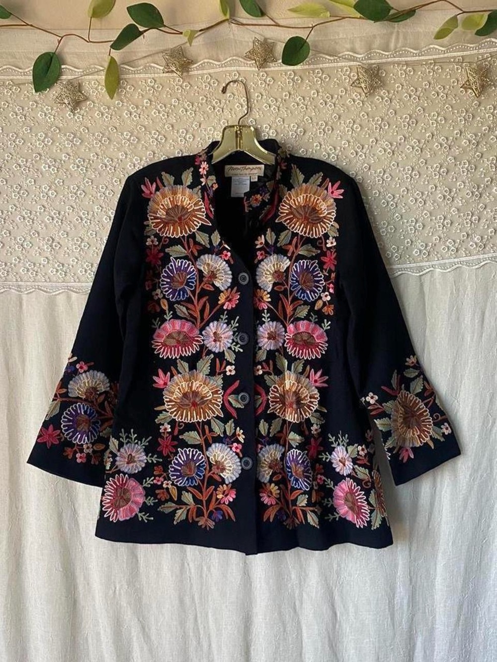 Norm Thompson embroidered blazer vintage floral wool lagenlook folk art small